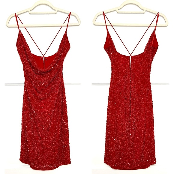RETROFETE Cherry Crystal‎ Sequin Beaded
Draped Neck Sleeveless Open Back Dress S - Picture 4 of 8